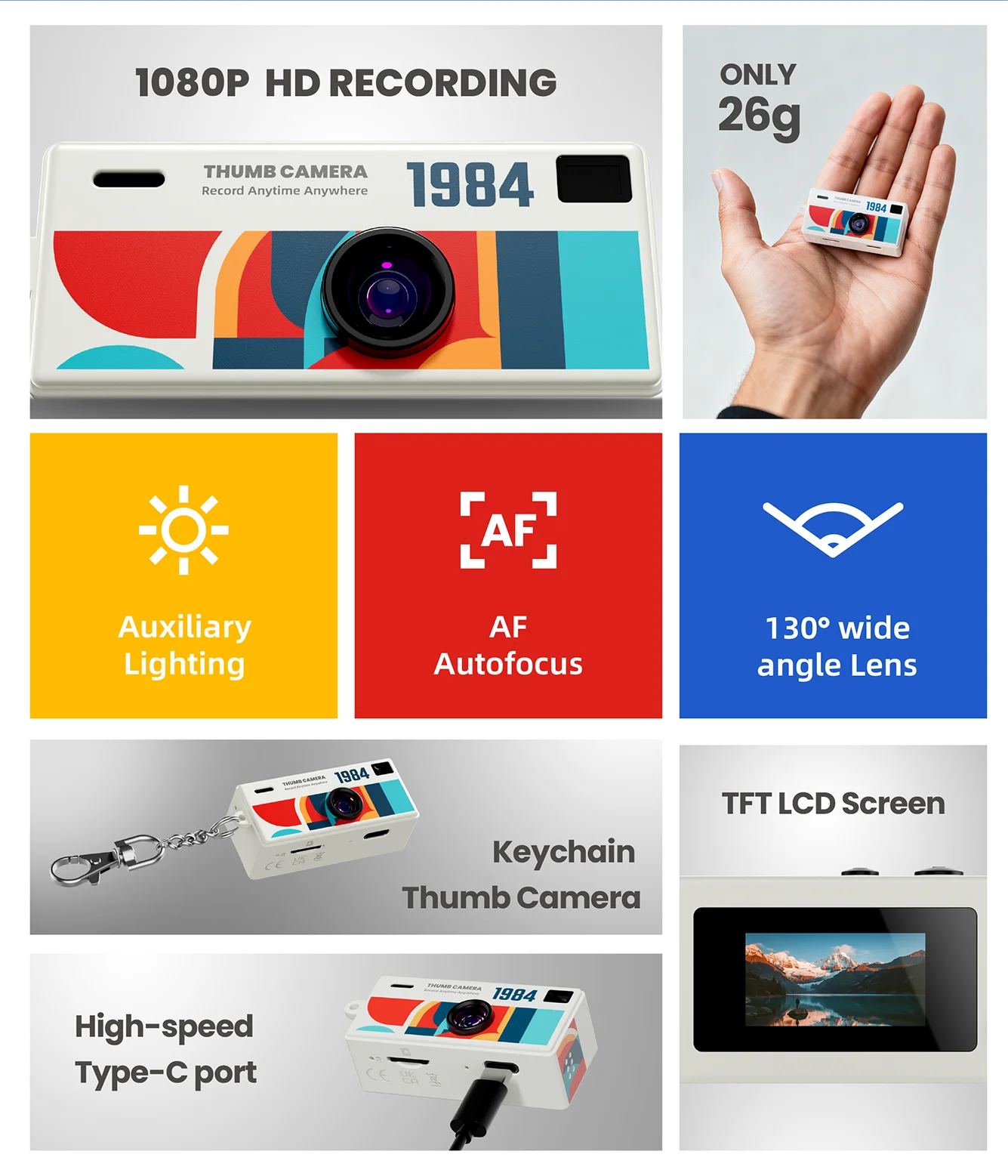 1080P Thumb Mini Camera with 130° Lens, LCD Screen & Fill Light