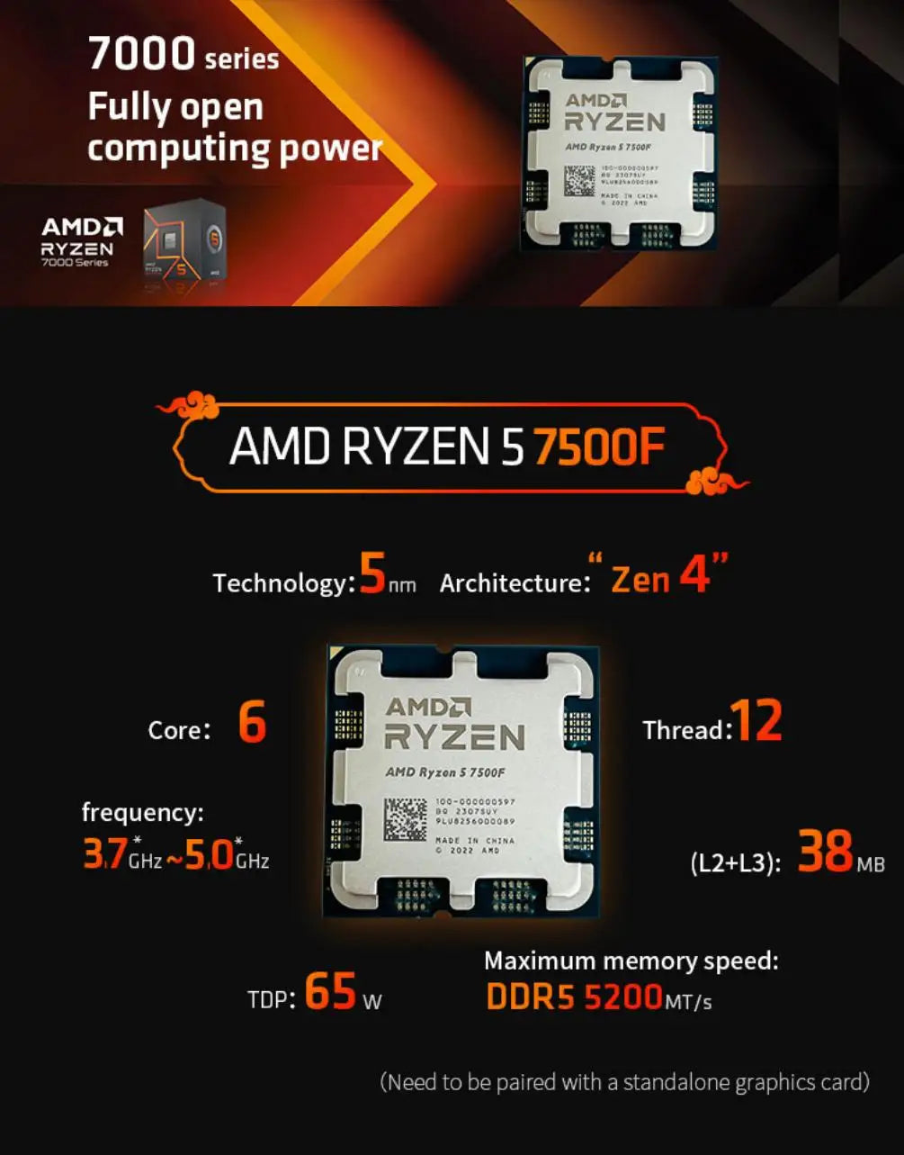 AMD Ryzen 5 7500F Processor 6‑Core AM5 Desktop CPU