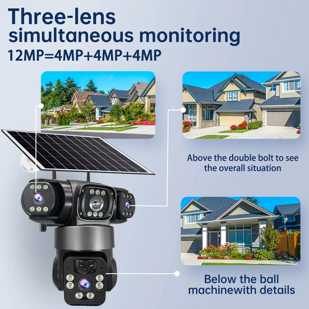 Solar PTZ Security Camera with Triple Lens and Triple Screens