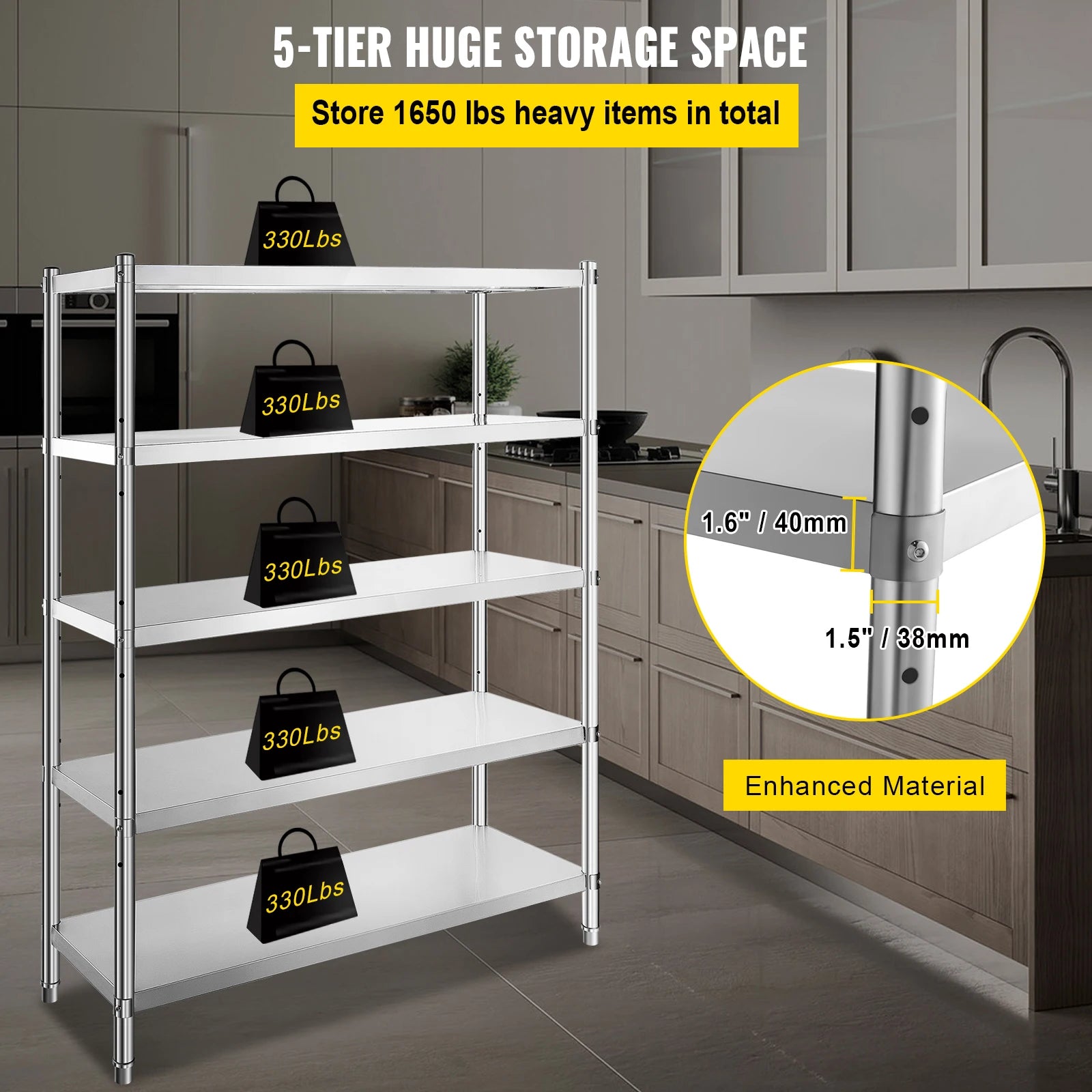 5-Tier Stainless Steel Storage Shelf Heavy Duty Adjustable Rack