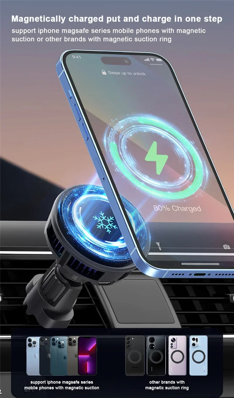 ice Cooling Magnetic Wireless Car Charger Stand for iPhone 16 15 14 13 12 Pro Max MacSafe Car Phone Holder Fast Charging Station