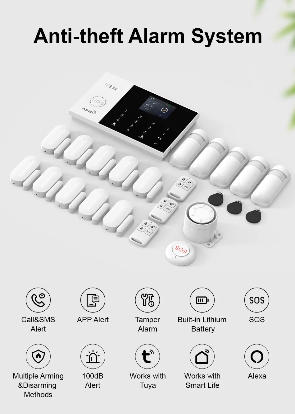 PGST Kit de système d'alarme antivol intelligent 4G WiFi Works with Tuya Works with Smart Life Connexion sans fil Ensemble de capteurs Télécommande Alerte en temps réel Sécurité domicile Bureau Entrepôt Euro