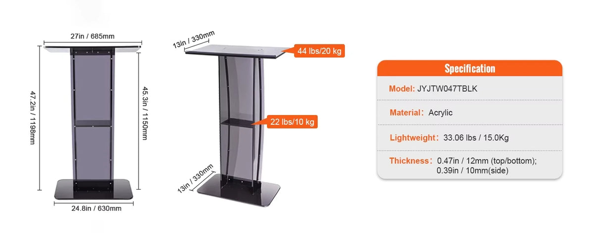Acryl katheder van 47 inch met opbergplank
