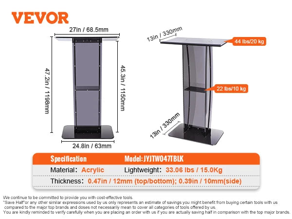 SucceBuy 47" akrylový podium stojan na podlaze průhledný kazatelna akrylové stolní řečnické pulty s úložnou poličkou pro církev, kancelář, školu