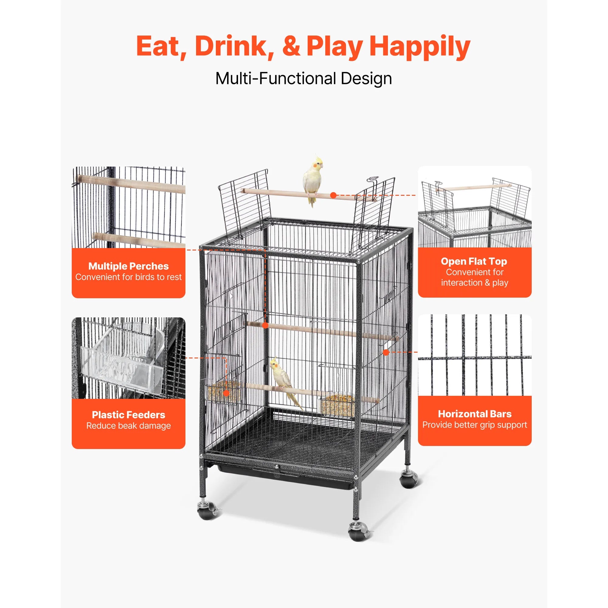 Bird Flight Cage with Perches, Slide-Out Tray, Feeders and Wheels