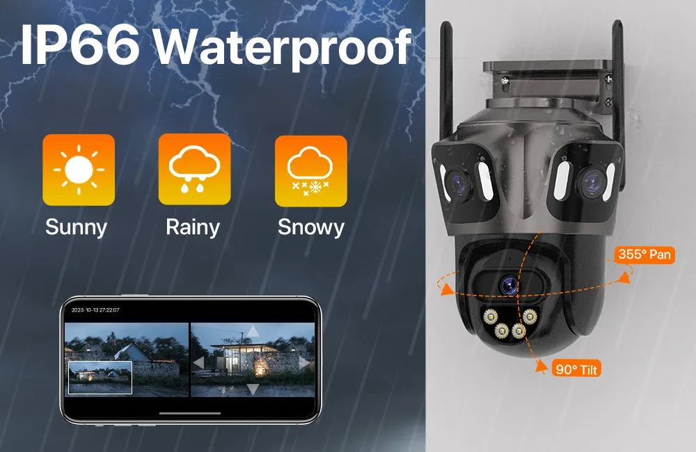 Three Screen WiFi IP Camera Outdoor 4K Dual Lens PTZ Security Camera