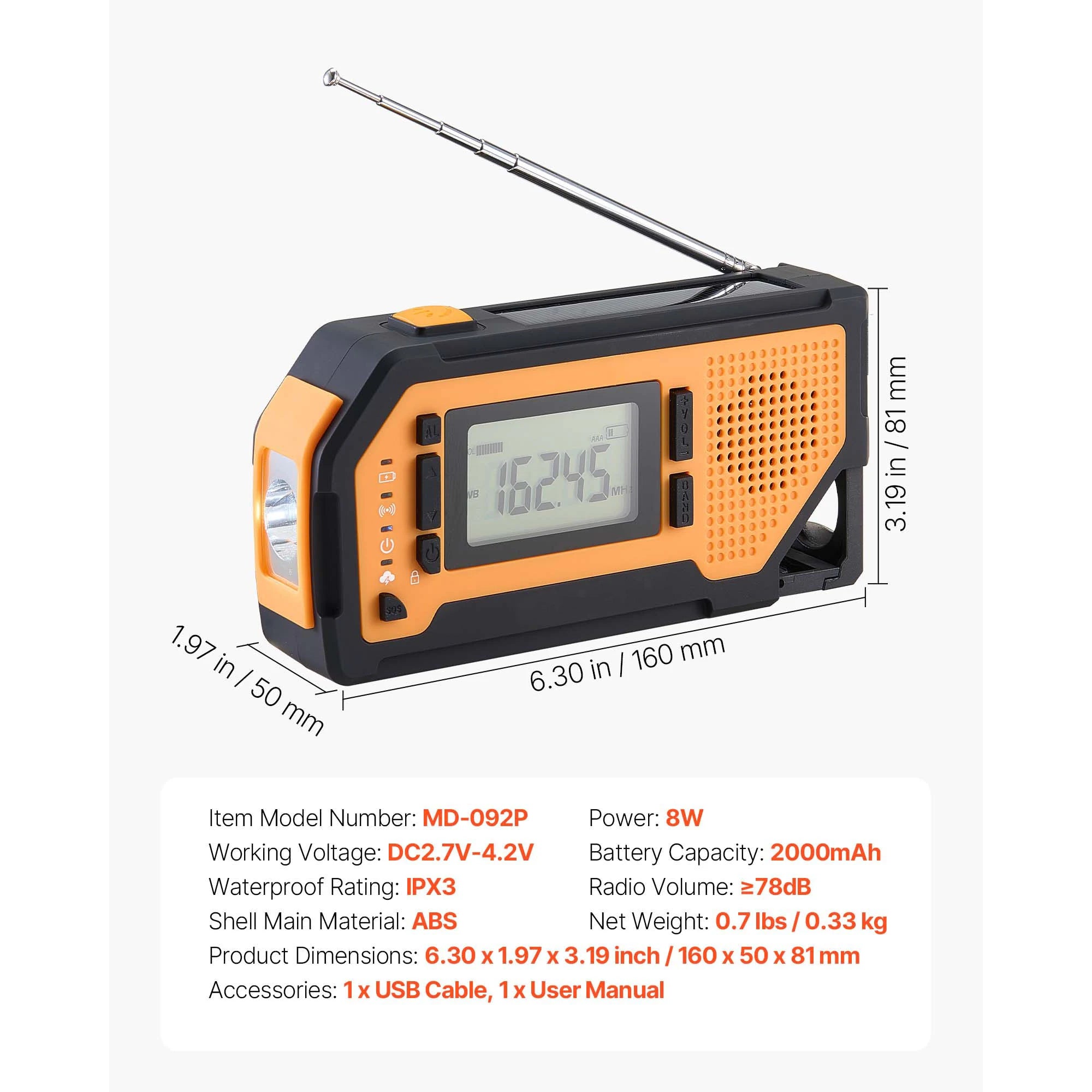 Rádio pre núdzové počasie s upozorneniami NOAA, ručným kľukom a solárnym napájaním