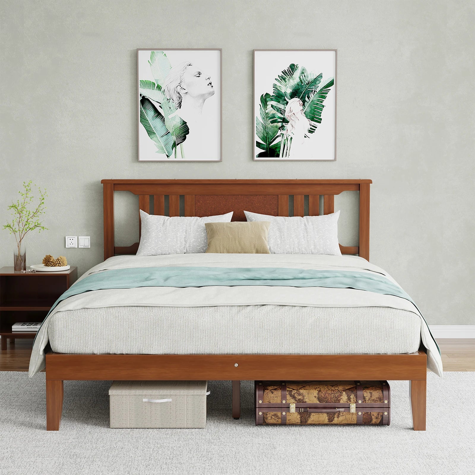 Solid Wood Platform Bed Frame with Headboard and Under-Bed Storage