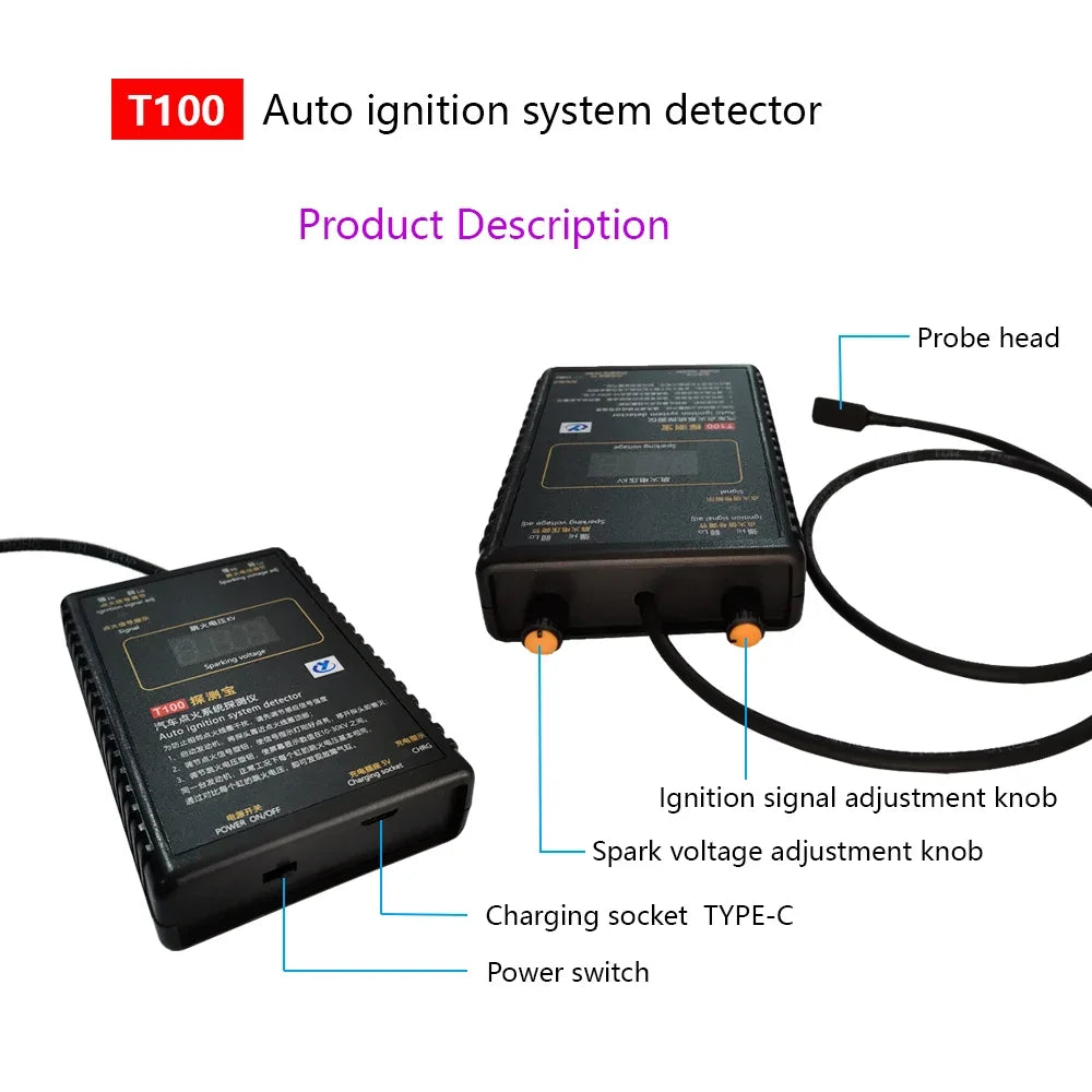 T100 Auto Ignition System Detector for 12V 24V Ignition System to Test Ignition Signal and Spark Voltage