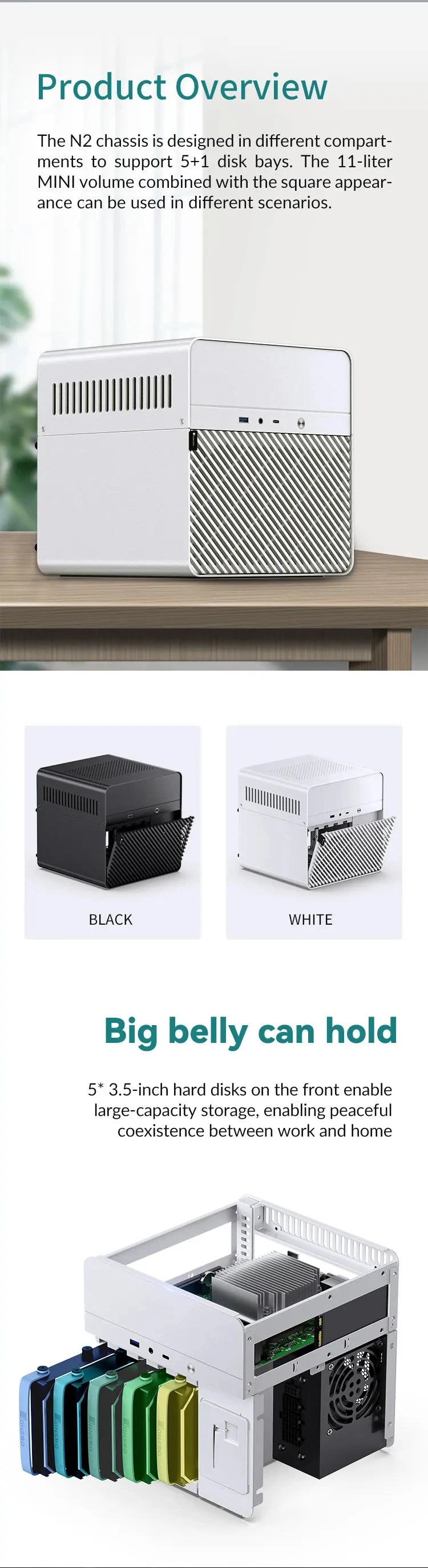 JONSBO N2 NAS Custodia Mini ITX in Alluminio per Home Office Intrattenimento Gioco Computer Server Host ITX Supporta 5 Hard Disk Alimentatore SFX