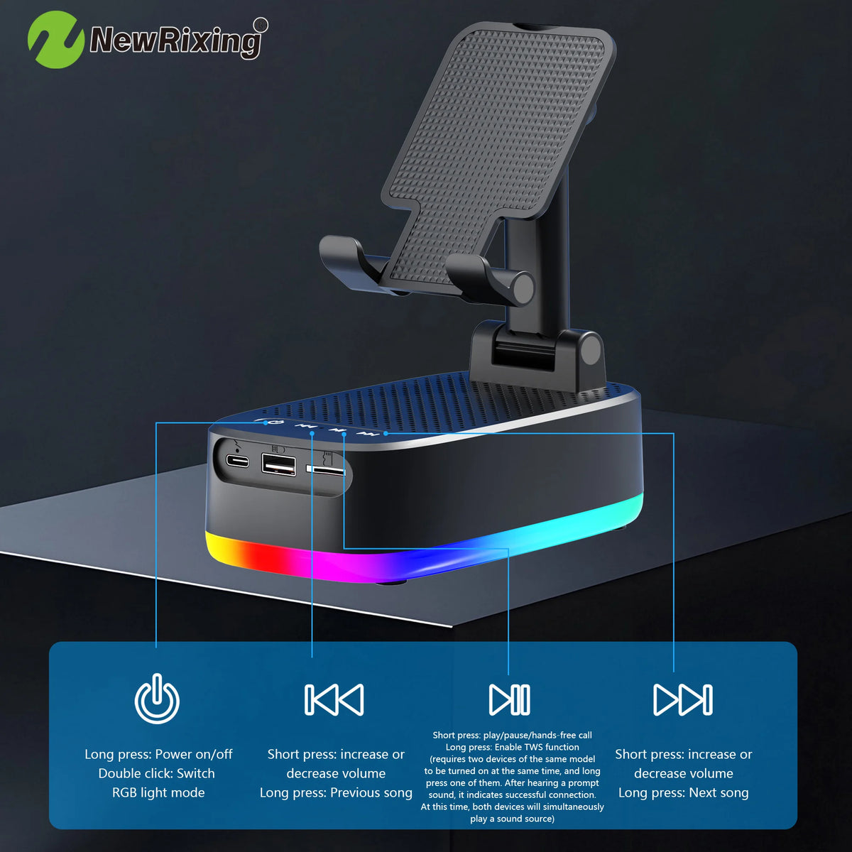 Wireless Phone Holder, Portable Speaker, Speaker Phone Holder, Emergency Power Bank, 1800mAh Battery, USB Charging, Hands-Free