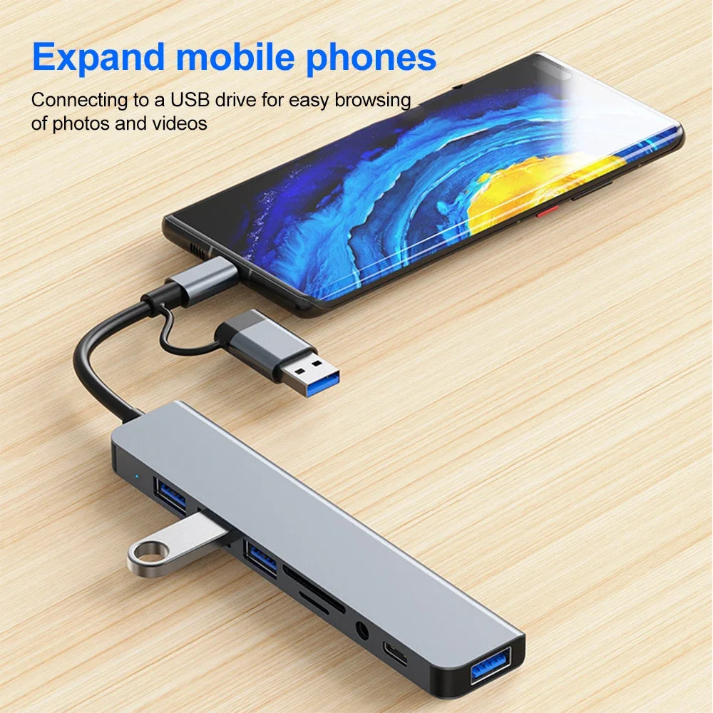Viacportový rozbočovač USB-A/USB-C, štyri možnosti rozloženia