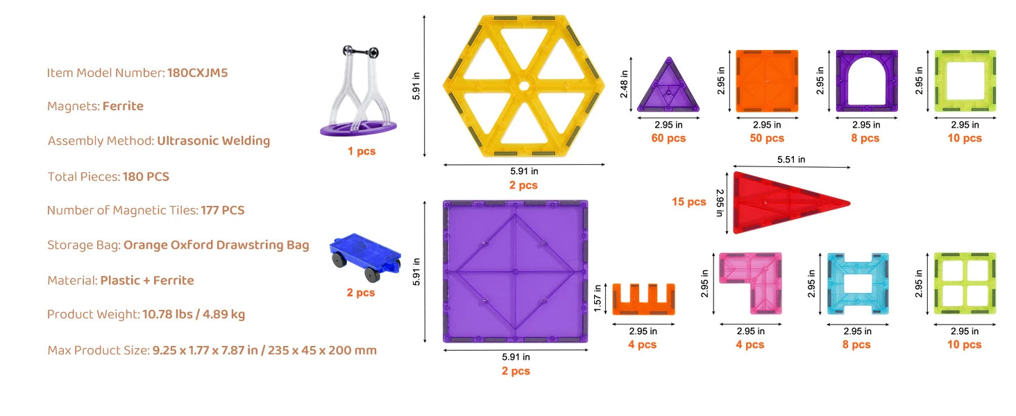 180PCS Magnetic Building Tiles Set with Storage Bag for Kids
