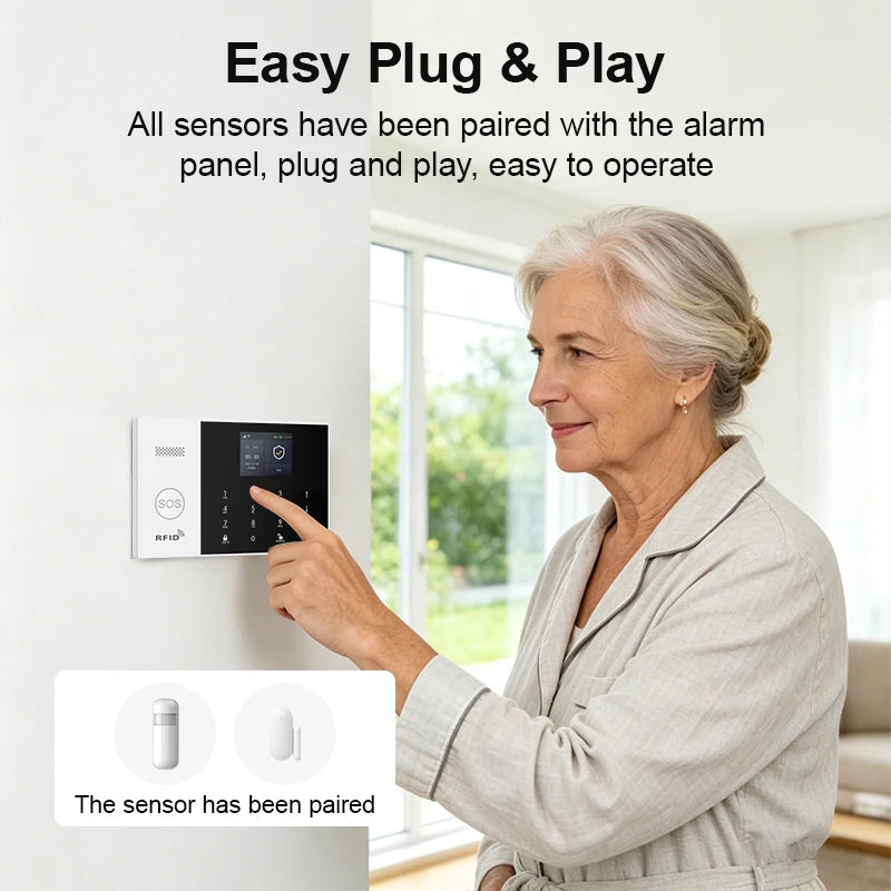 PGST Kit de système d'alarme antivol intelligent 4G WiFi Works with Tuya Works with Smart Life Connexion sans fil Ensemble de capteurs Télécommande Alerte en temps réel Sécurité domicile Bureau Entrepôt Euro