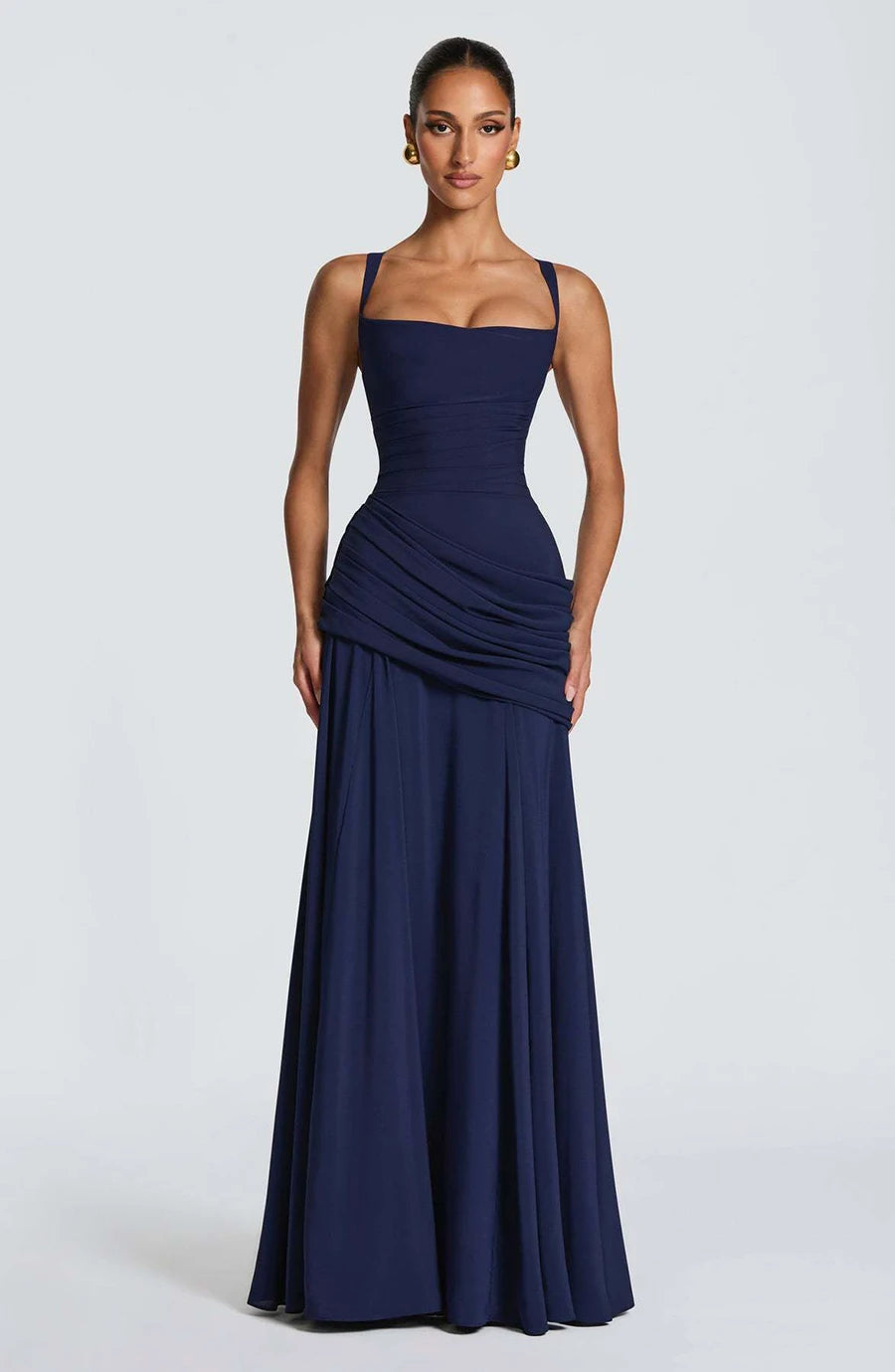Women’s Elegant Ruched Backless Maxi Dress with Square Neck