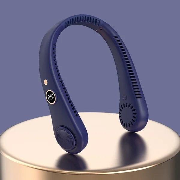 Ventoinha elétrica recarregável com ecrã digital para pendurar ao pescoço, design sem pás, ventoinha de pescoço sem pás, recarregável por USB