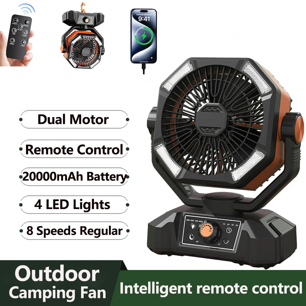 20000mAh Camping Fan with LED Lantern, Remote, 8 Speeds
