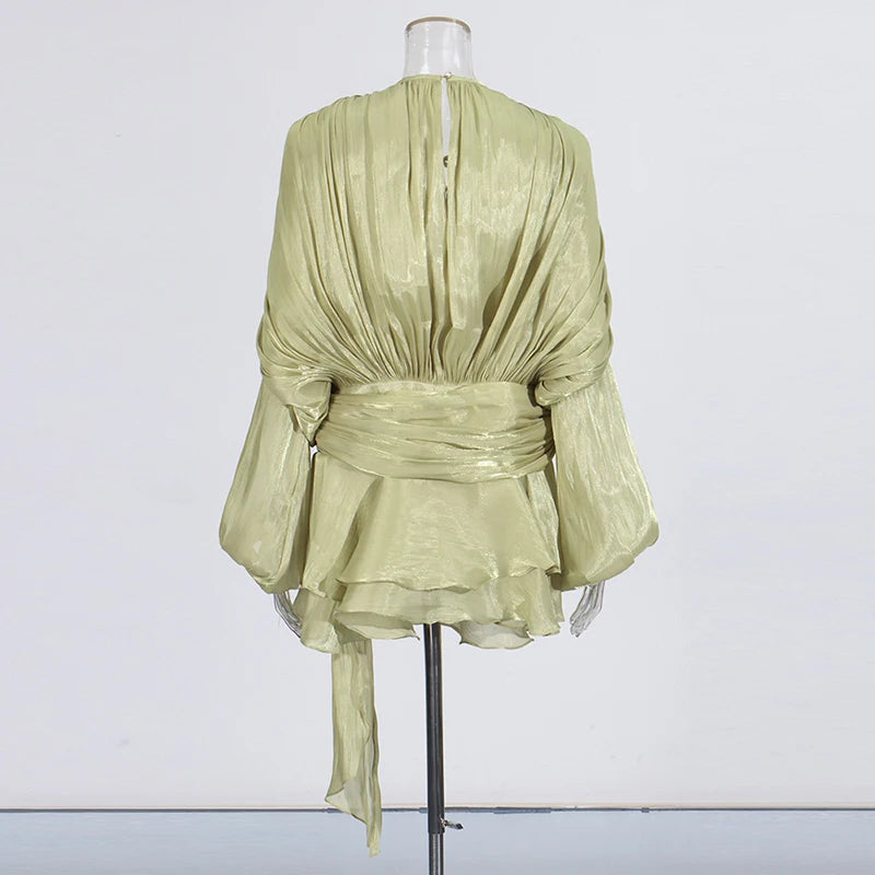 TWOTWINSTYLE Solid Patchwork Lace Up Blouse Mini Dresses For Women V Neck Long Sleeve Sweet Style Dress Female Clothing Fashion