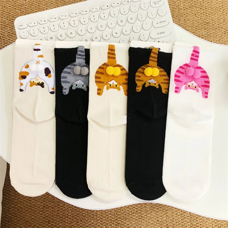 Cartoon Cat Egg Couple Socks Cozy Mid-Calf Cotton for Maternity Warm Winter Cute Present for Christmas Cat Lovers Family