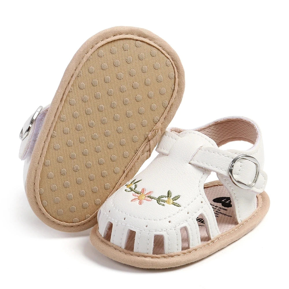 Newborn Baby Girl Sandals with Embroidered Floral Soft Sole