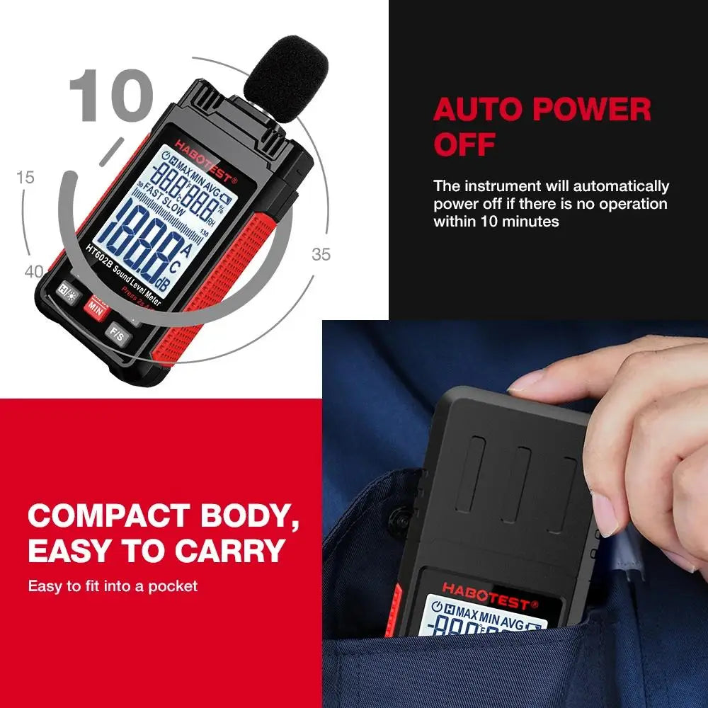 HABOTEST HT602A Sound Level Meter Digital Handheld DB Meter HT602B Noise Audio Level Meter 30-130dB Decibels Mini Sound Meter