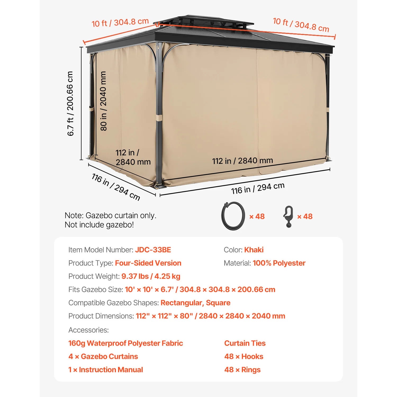 SucceBuy Gazebo Gardiner 4-panel sidevæg gazebo privatlivsgardiner med lynlåse universel solskærm gardiner erstatning til terrasse