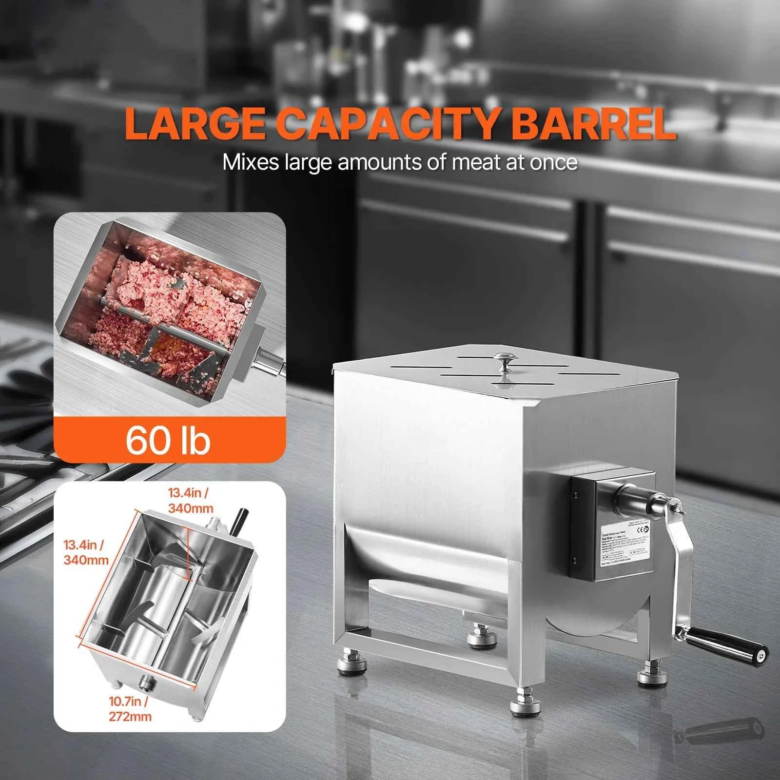 SucceBuy Manual Meat Mixer 10-60L Tank Meat Processing Equipment(Mixing Max 60LBS ) with Lid Handle Gear Reducer Hand Mixer
