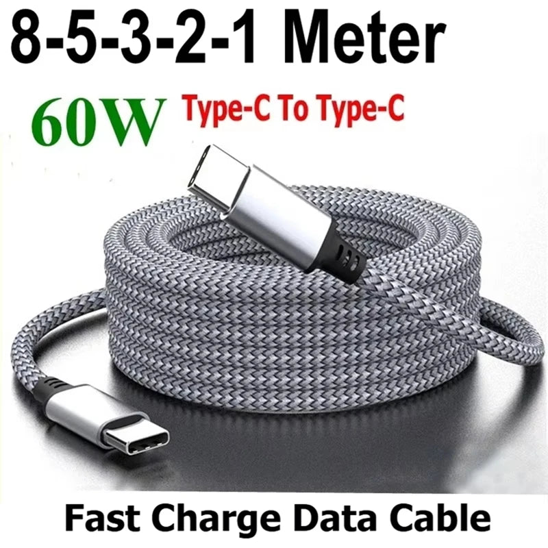 USB-C to USB-C 60W PD Cable, Nylon Braided, 1 m to 8 m