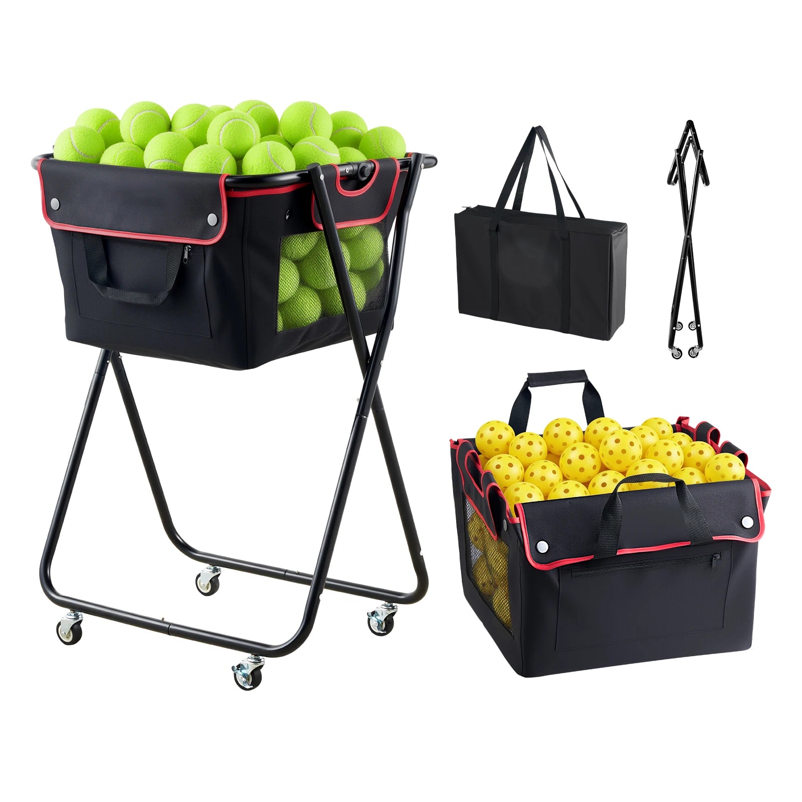 SucceBuy 175 Bolas de Ténis cesto com capacidade para 290 bolas de pickleball cesto dobrável de pickleball com rodas para treino e coaching recolha