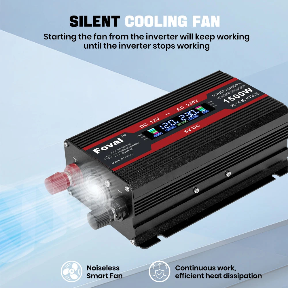 Мощен инвертор 1500W/2000W/2600W/3000W с LCD дисплей DC 12V към AC 220V, соларен, с 2 USB порта, автомобилен трансформатор, конвертор, EU щепсел, модифицирана синусоида 50Hz