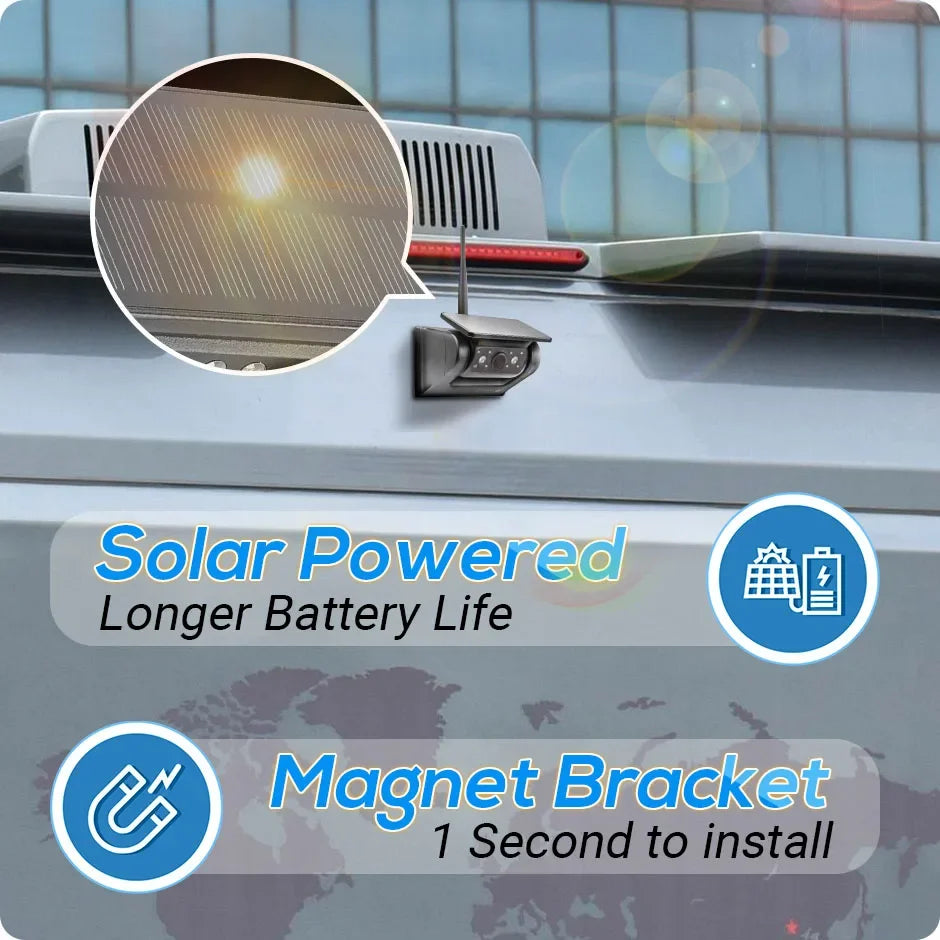 Wireless Solar Powered Energy Magnet Reverse Backup Camera with 5" Rear View Monitor for Camper Truck Trailer Pickups RV Lorry