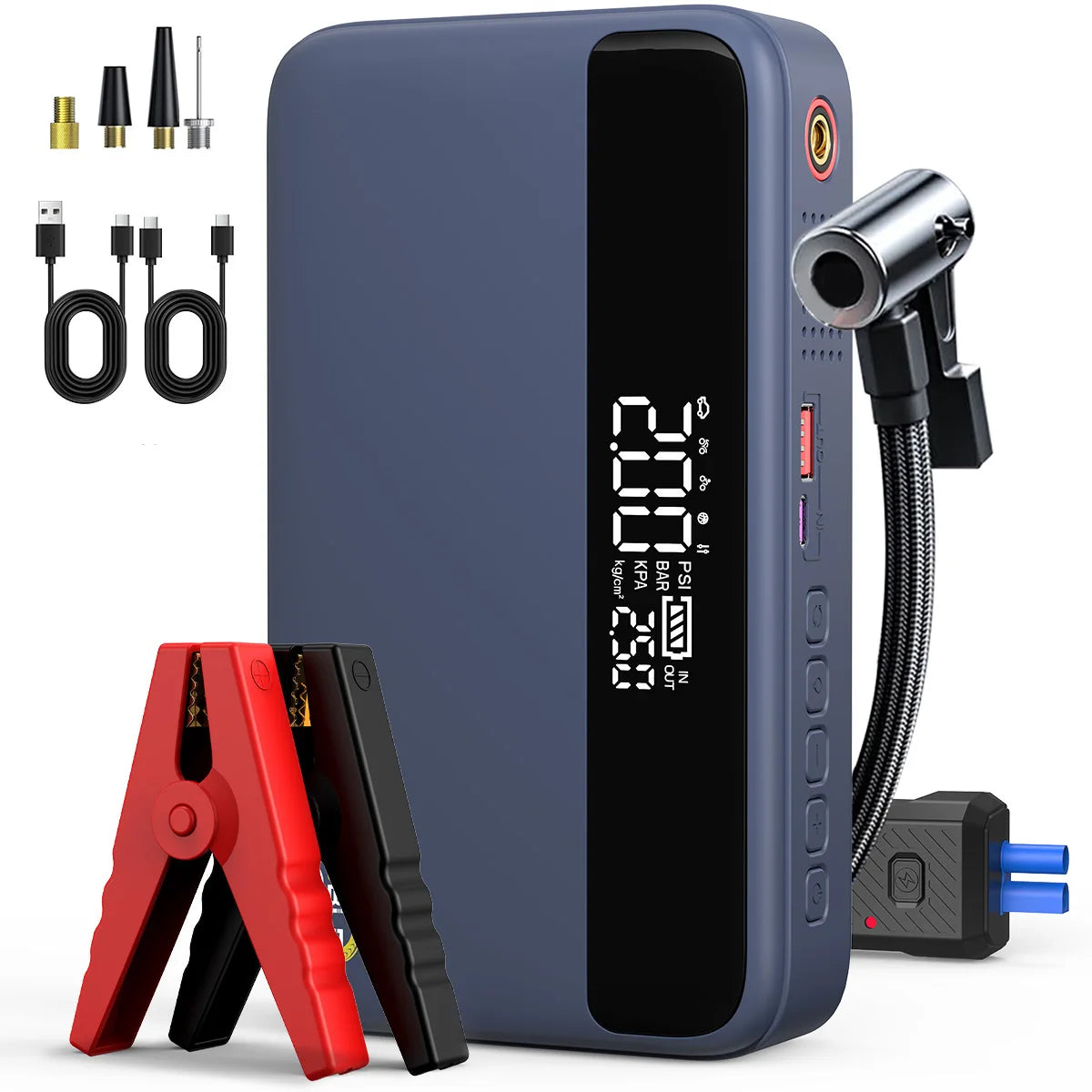 26800mAh Jump Starter with Air Compressor 1000A/1500A PEAK Booster Tyre Inflator Portable Car Battery Power Bank Charger Air Pump,with LCD Display, Jump Starter Power Bank (All Gas/ 8.0L Diesel), LED Light, Design for Cars,