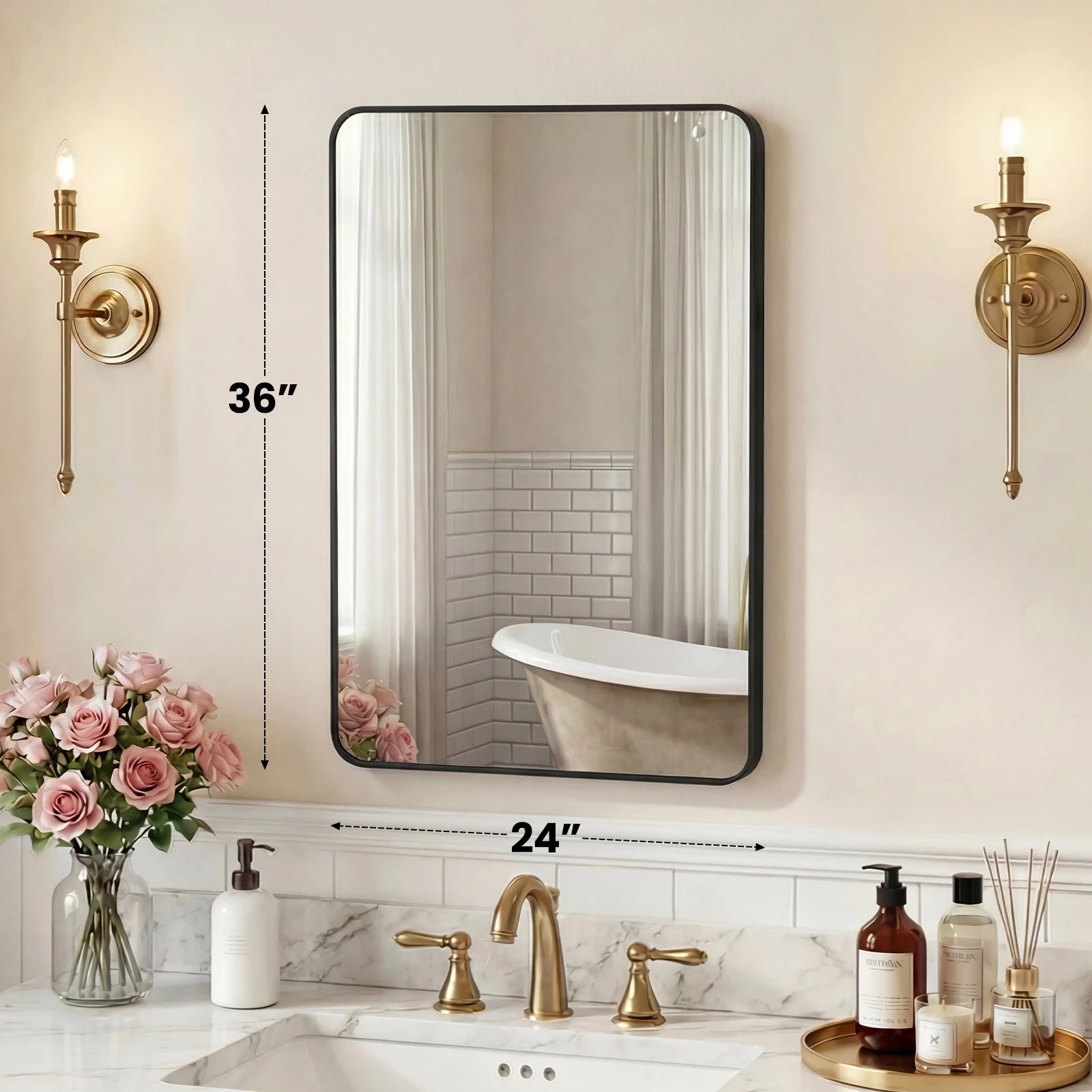 Rounded Rectangle Wall Mirror with Metal Frame, Tempered Glass