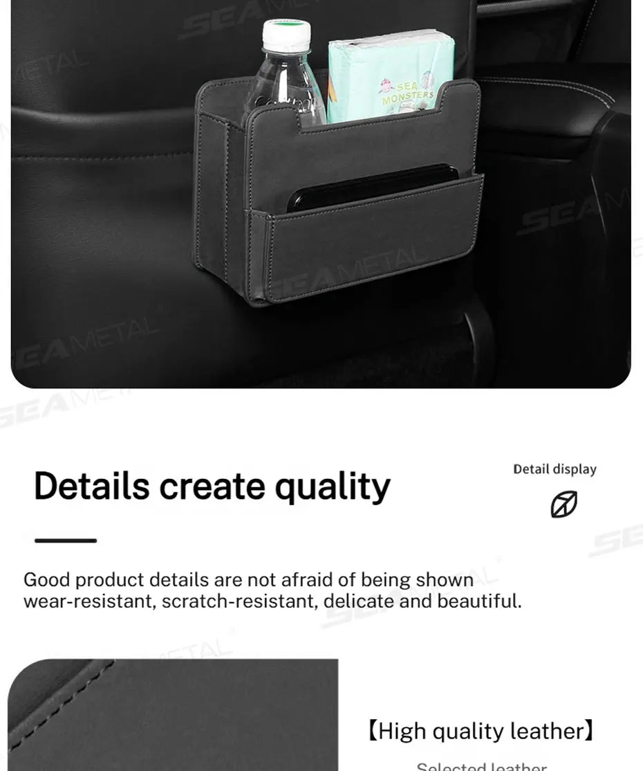SEAMETAL Tiny Car Trash Can with Pocket Waterproof PU Leather Seat Back Storage Bag Foldable Hanging Car Organizer Dustbin Bin