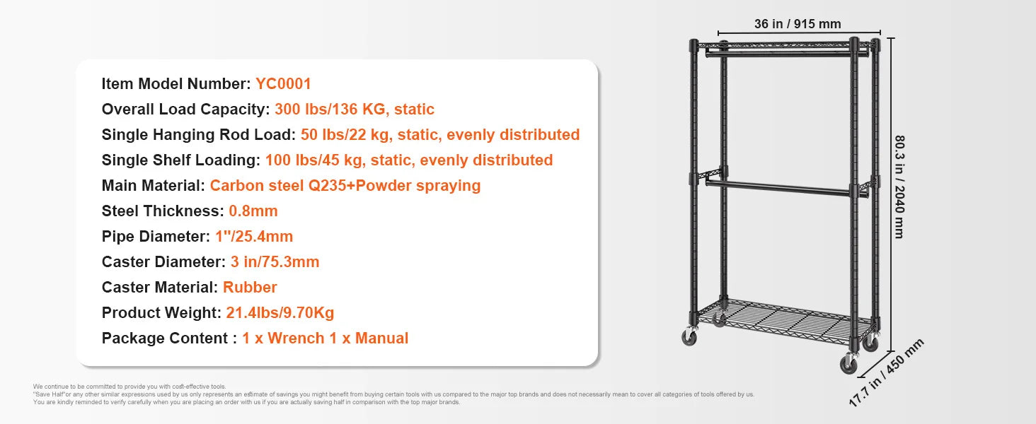 Adjustable Heavy Duty Garment Rack with Wheels & Storage Shelf