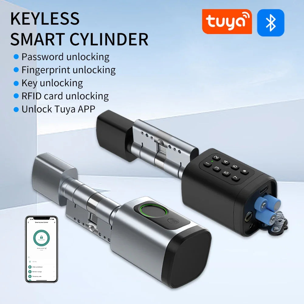 Electronic Digital Tuya Smart Lock Cylinder with Fingerprint Password App Bluetooth Card Mechanical Key Easy Replacement Battery
