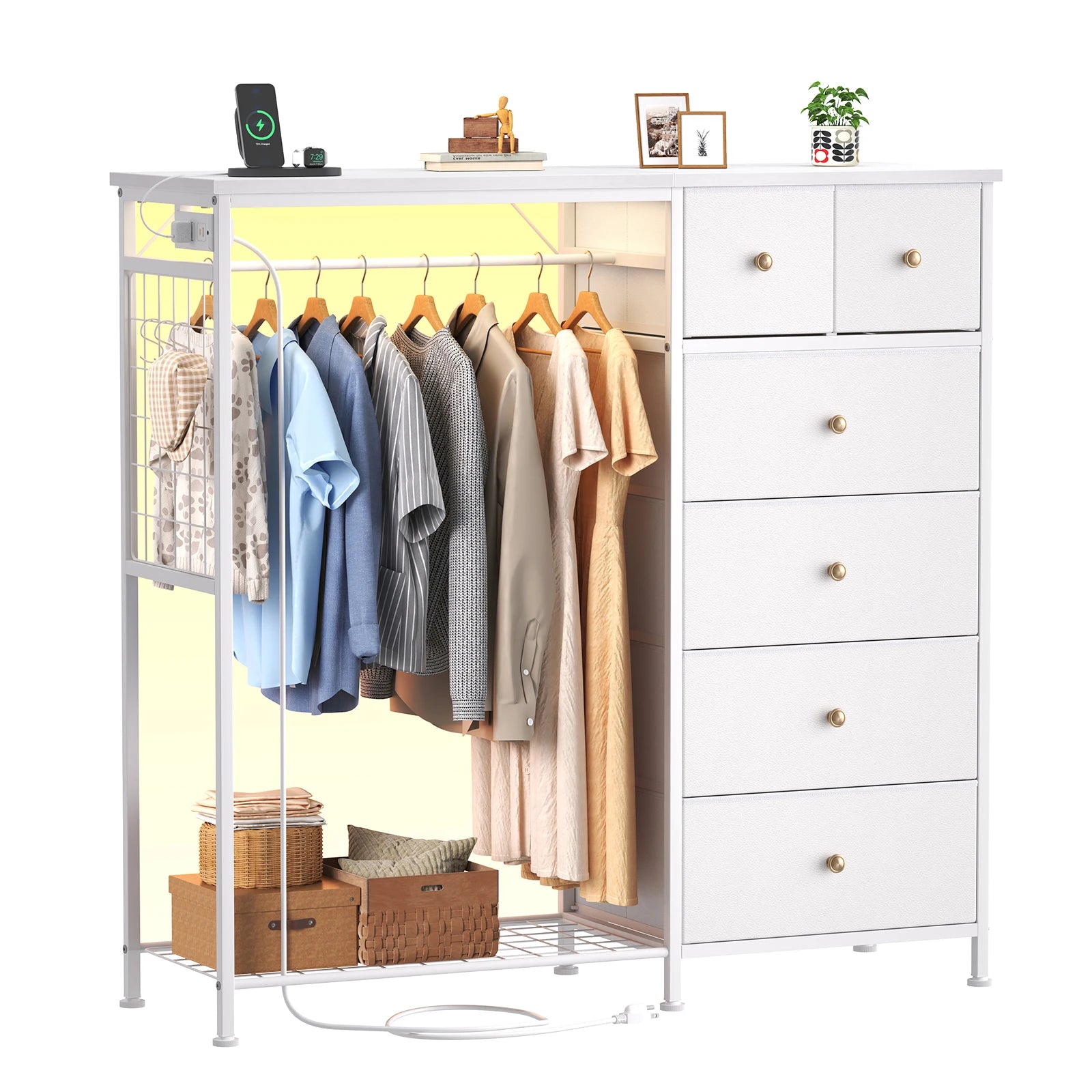 6-Drawer Fabric Dresser with Hanging Rack, LED Lights & Charging Station