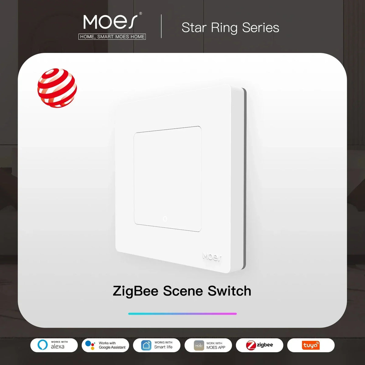 MOES Smart Light Switch Tuya ZigBee Star Ring Series No Neutral Wire No Capacitor Needed Smart Life Works with Alexa Google Home
