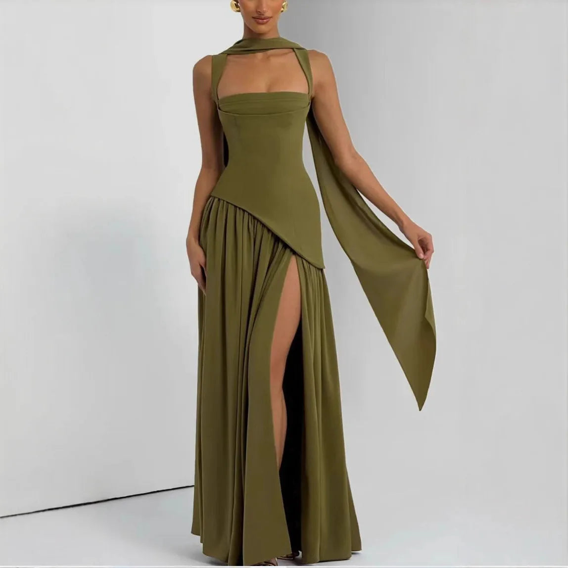 Olive Green Maxi Dress with Matching Scarf
