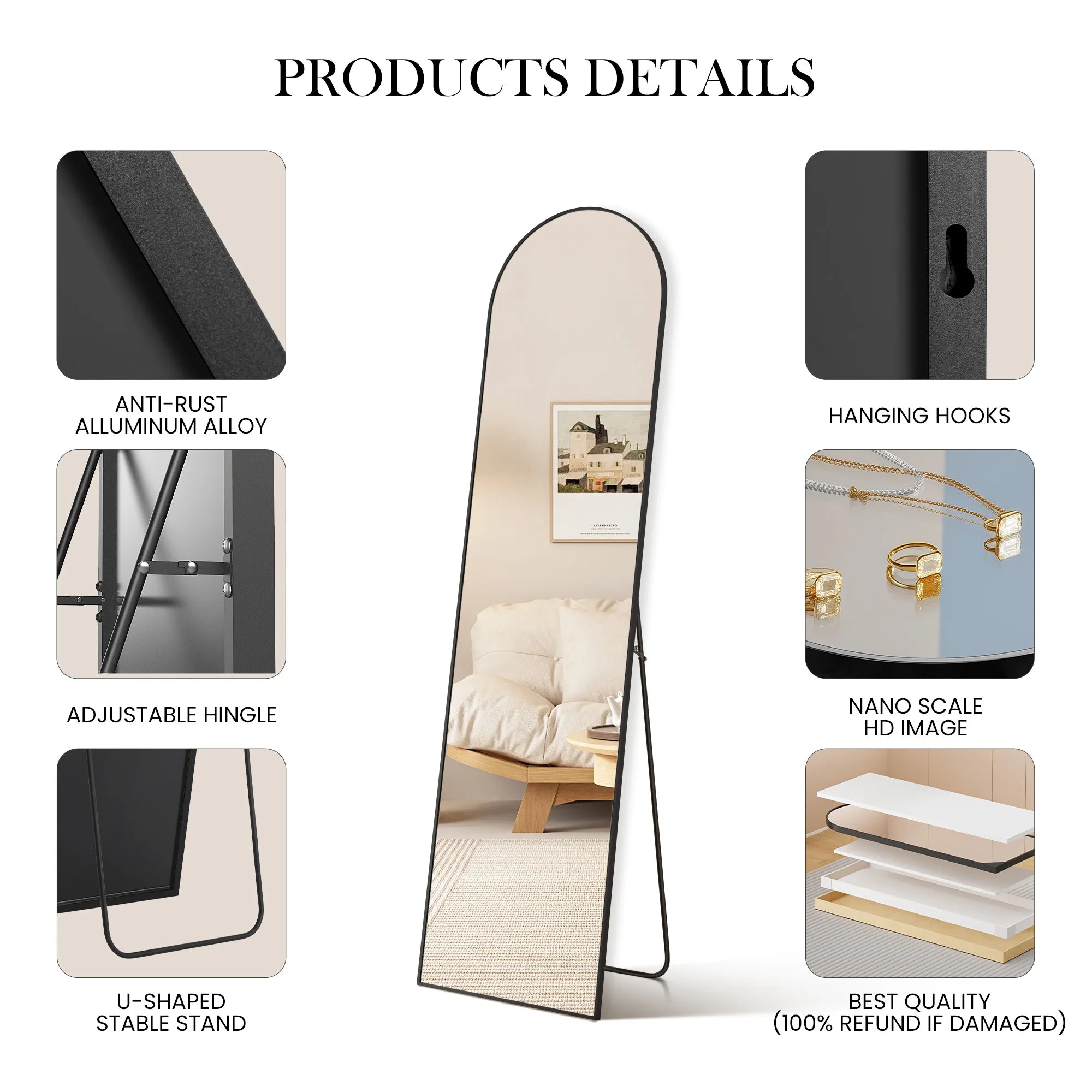 Full Length Floor Mirror with Stand & Slim Aluminum Frame