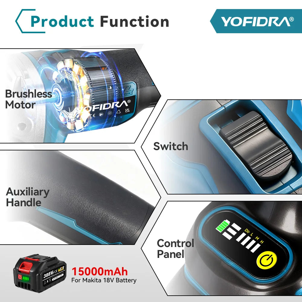 Yofidra 125mm Brushless Angle Grinder with 4-Speed Control
