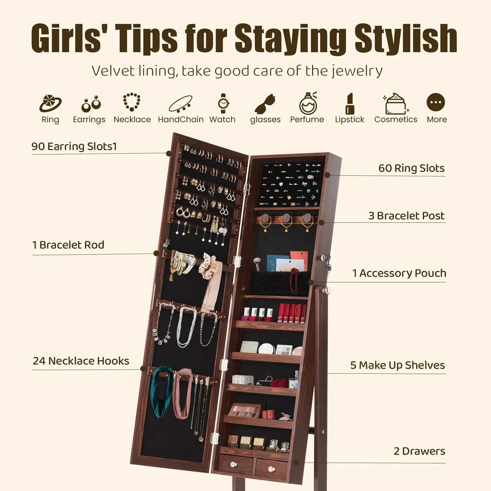 Full-Length Jewelry Armoire Mirror with Lockable Storage Cabinet