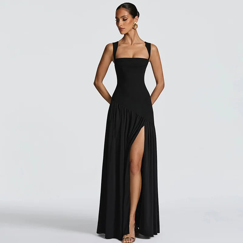 Elegant Sleeveless High Waist Slit Dress with Belted Sash