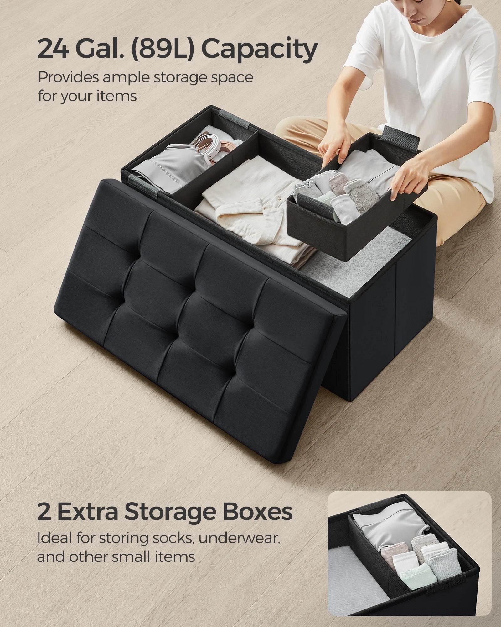 Velvet Storage Ottoman Bench 30" Foldable with Hidden Storage