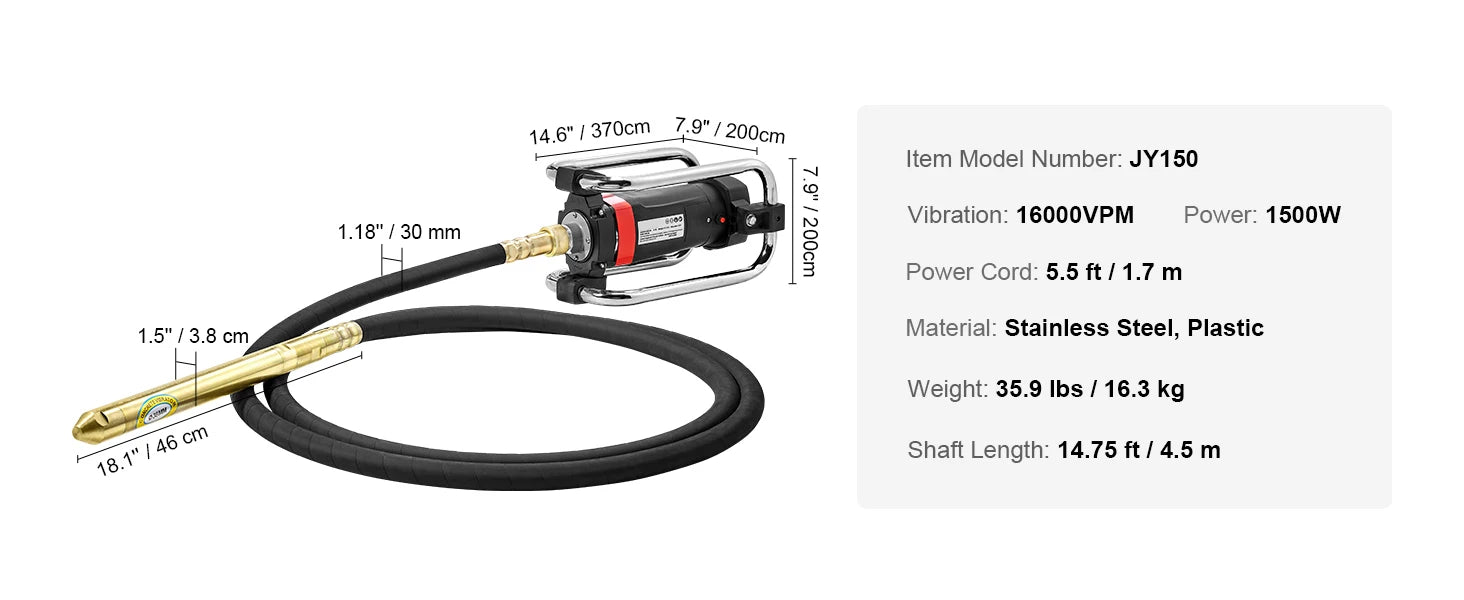 Elektrický vibrační zhutňovač betonu 1500W 16000 VPM s hřídelí 14,75 ft