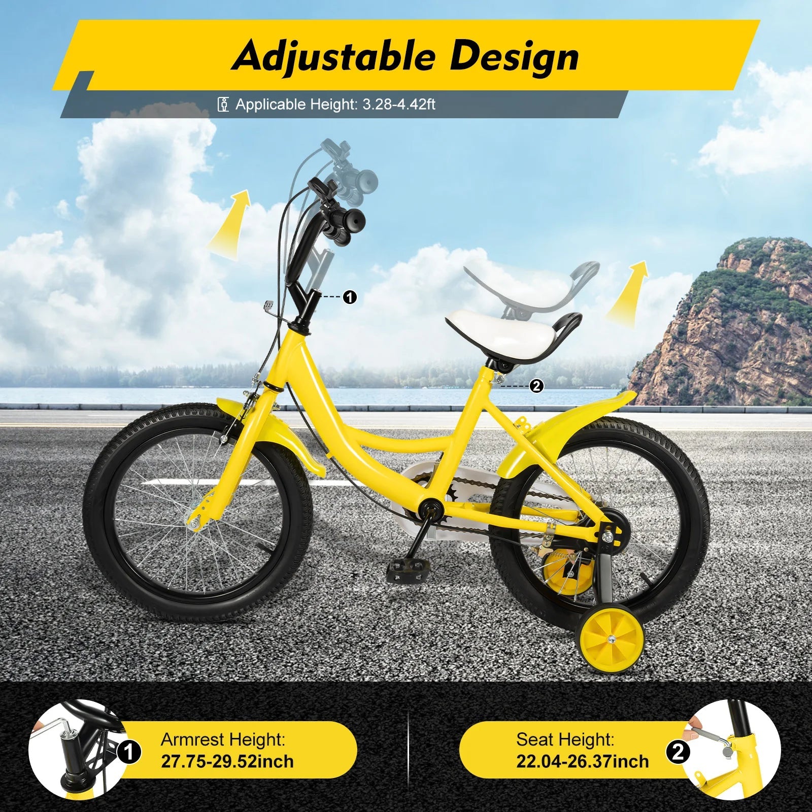 16 Inch Kids Bike Adjustable Height Dual Brakes Children's Bicycle Load 50kg w/ Training Wheels for Ages 5-8 (Pink/Green/Yellow)