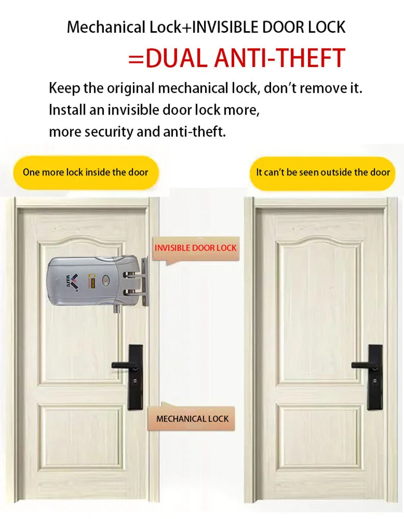 Nueva cerradura de puerta con huella digital y contraseña, desbloqueo por huella y por contraseña, diseño de cerradura oculta sin agujero, control remoto invisible con 2 mandos a distancia y 2 tarjetas deslizables