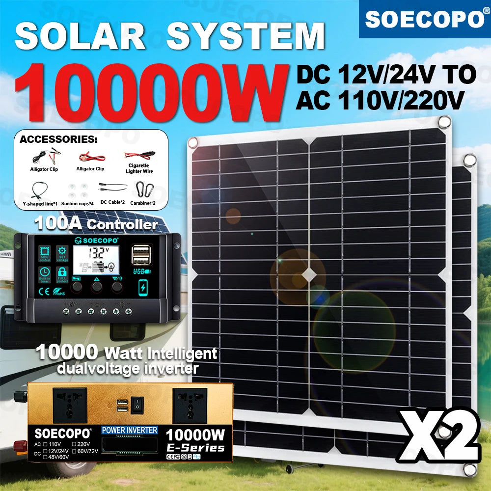 SOECOPO 7000W Solar Power Kit with 100A Controller & 300W Panel Inverter 12V to 110V/220V for Home/Camping/RV/Emergency Backup