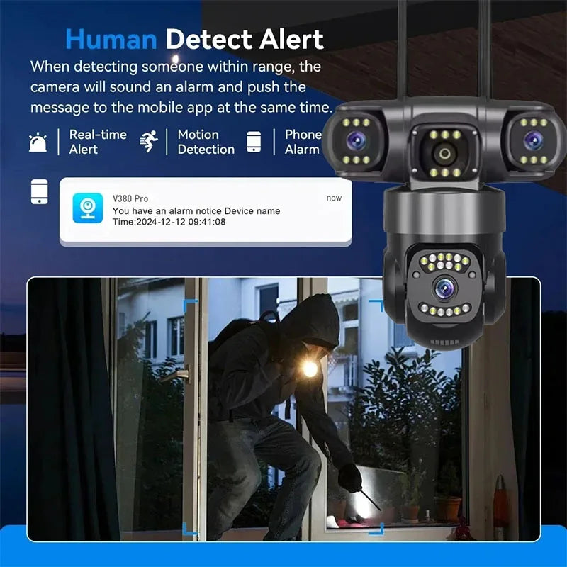 Caméra de sécurité WiFi à triple objectif 12MP avec suivi IA et zoom PTZ