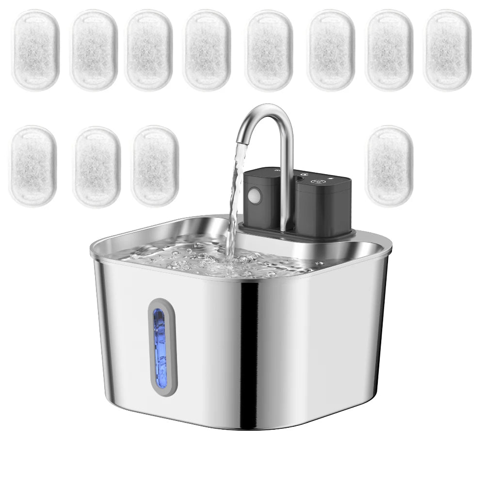 2.2L Wireless Recharging Sensor Stainless Steel Pet Water Fountain